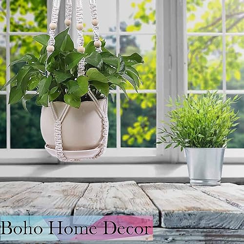 Miniatura 6 de AKEIE Colgador de macramé para plantas, paquete de 3 macetas colgantes de pared para interiores y exteriores + 3 ganchos, cesta de cuerda de