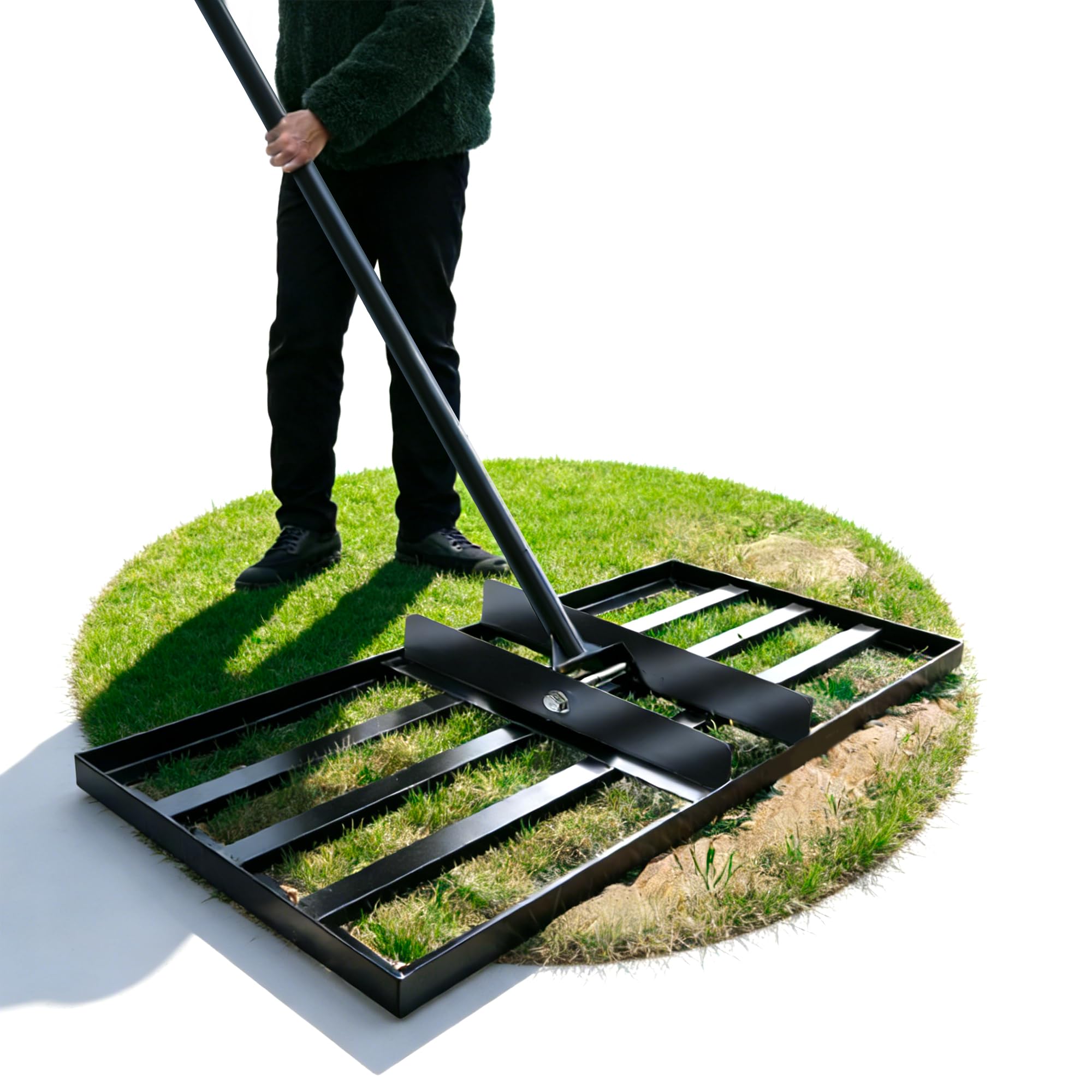 TEOV Rasenrakel Edelstahl, [100x25cm] Rasen-Nivellierungsrechen, Optimierte Gewindeverbindung gegen Lockern, Mit 2m ergonomischem Verstellbarer Stiel, für Boden, Rasenpflege & Landschaftsbau
