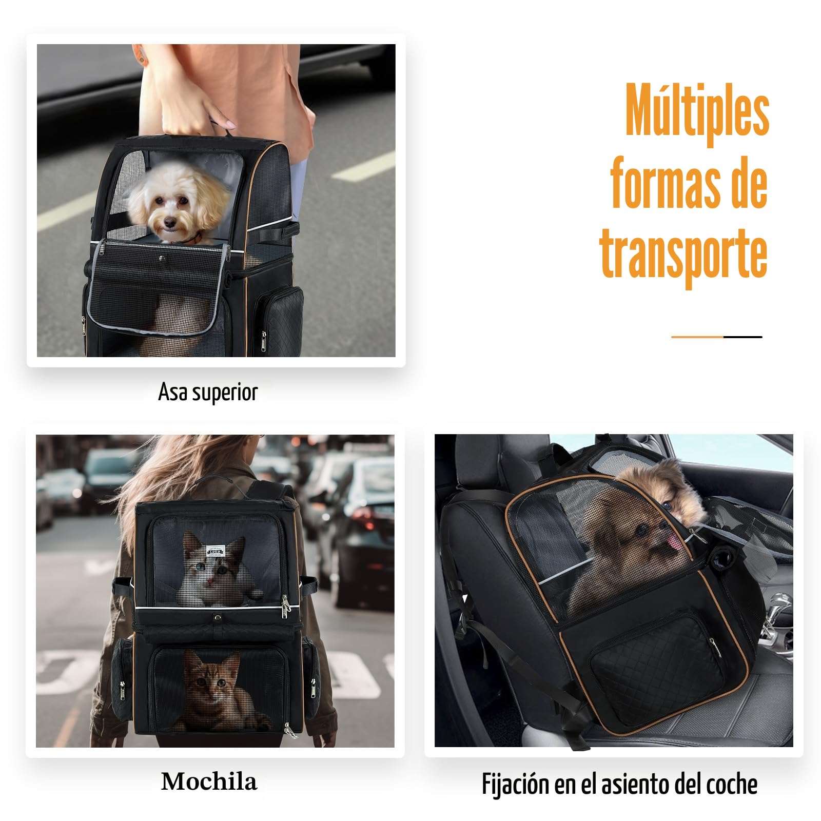 Mochila Gatos de Doble Capa para 2 Gatos | Mochila Grande para Perros,Mochila Transportin Gato para Mascotas Plegable - para Perros y Gatos de hasta 11 kg - Negro