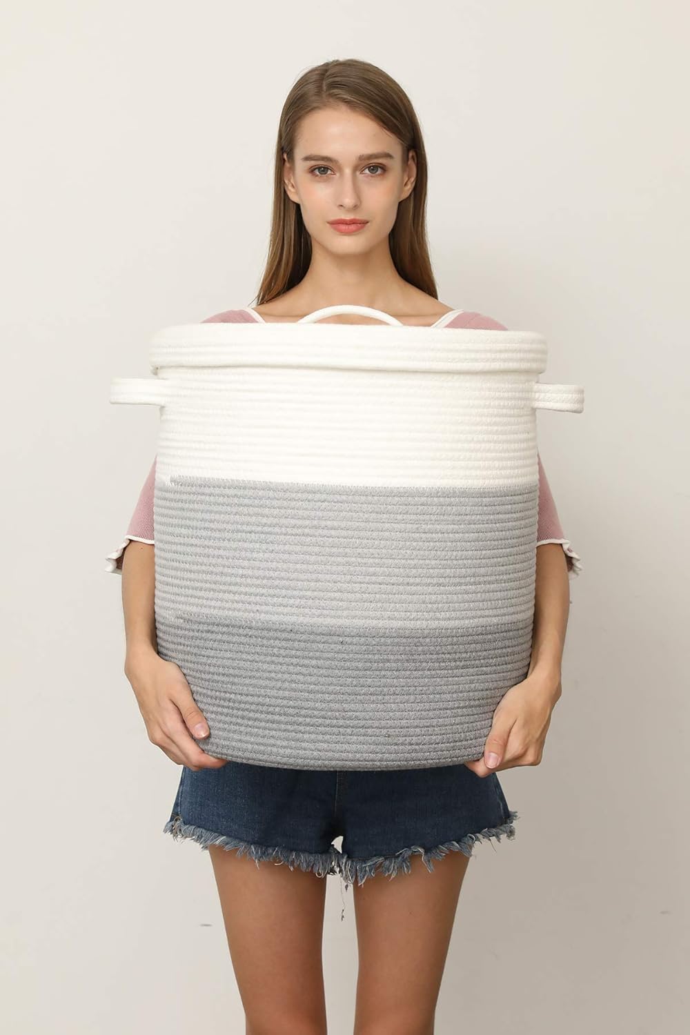 16" x 16" x 18" Extra Large Storage Basket with Lid, Cotton Rope Storage Baskets, Laundry Hamper, Cloth Bin, for Clothes Towels Storage in Living Room, Light Grey/Grey with Cover