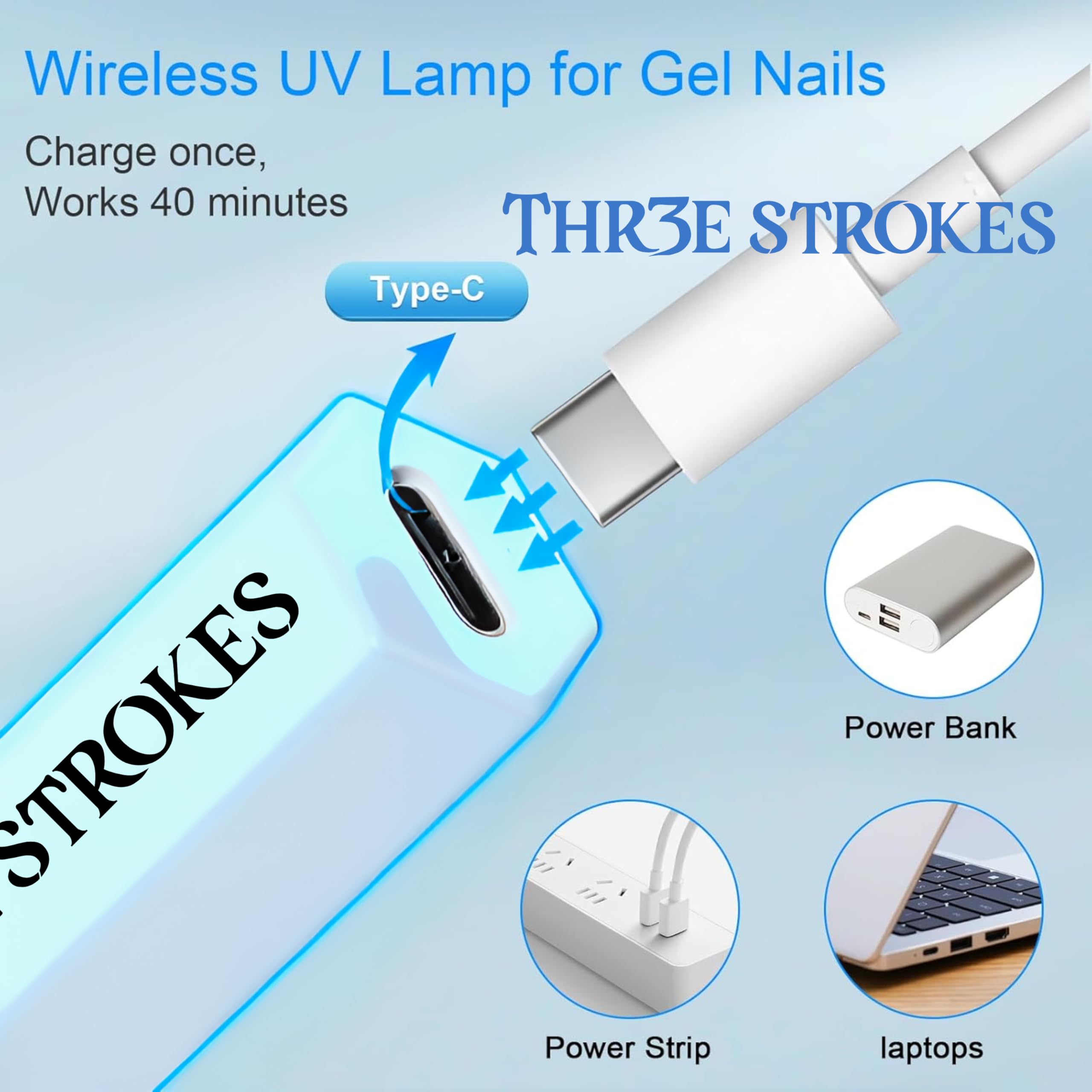THR3E STROKES Mini UV Light for Gel Nails - Portable Mini Nail Lamp,3W Handheld UV Light for Nails Pen Shape Nail Dryer Professional Led Light for Resin (BLUE) 1