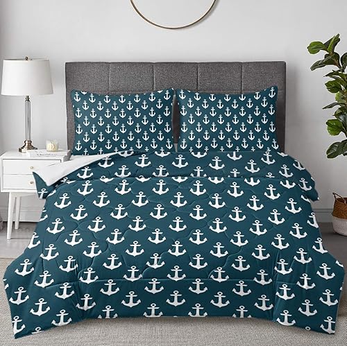 DECOVOGUE Juego de edredón de 3 piezas con diseño náutico oceánico para niños y hombres con anclajes blancos sobre azul marino, tamaño Queen (90