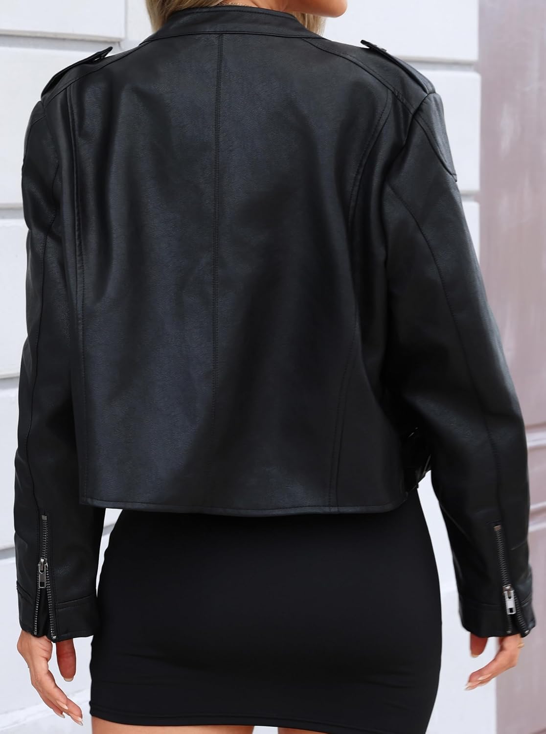 Women's Loose Short No Stretch Faux Leather Lapel Asymmetric Zip Up Moto Biker Blazer Jackets