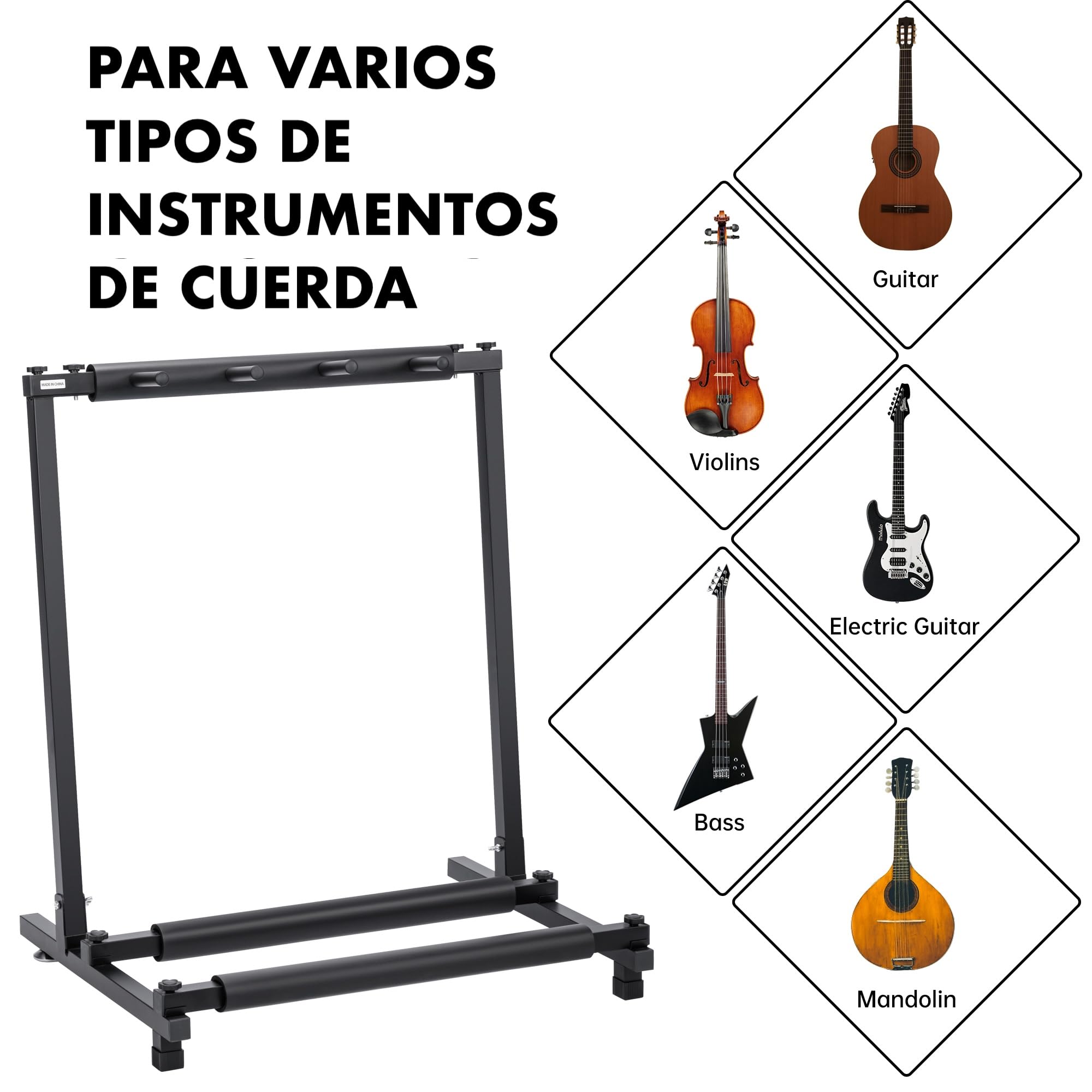 Soporte Guitarra de suelo para 5 instrumentos | Rack plegable universal para guitarra eléctrica, acústica o bajo | Estructura metálica resistente con protección de espuma y montaje sin herramientas