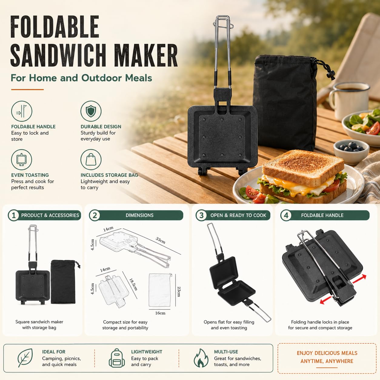 Machine à Sandwich multifonctionnelle Pliable et Portable avec revêtement antiadhésif, poêle à Pression, poêle, Grille-Pain pour la Maison, Le Camping en Plein air, la randonnée