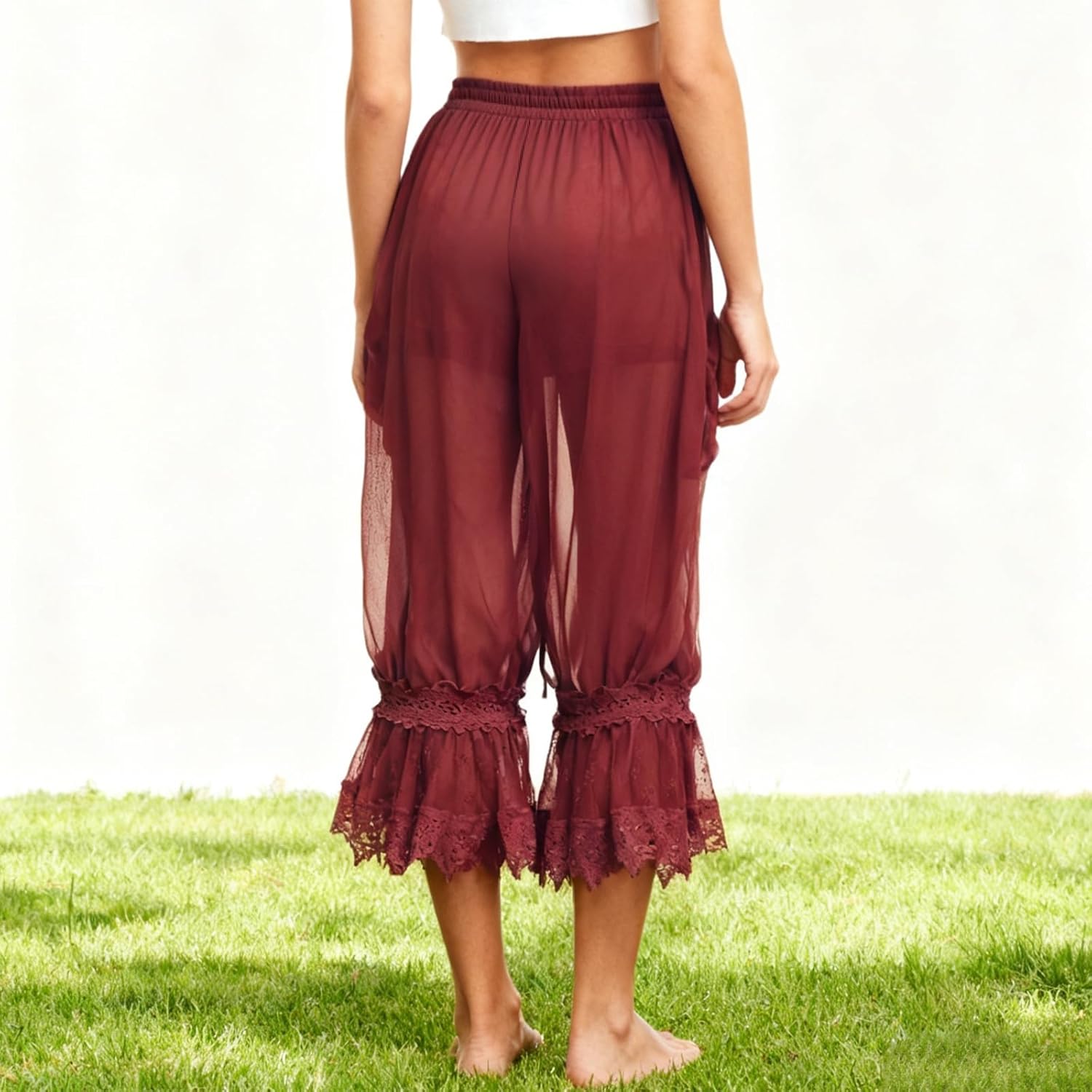 Women Long Bloomer Pants Lace Trim Patchwork Drawstring Elastic Waist Victorian Pajama Pants Lounge Pettipants - Image 4