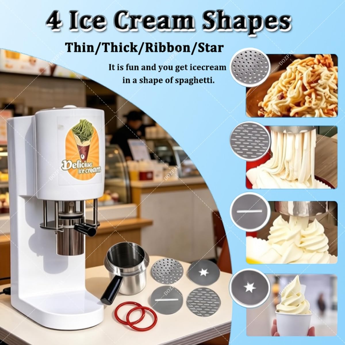 Machine Professionnelle à Glace « Spaghetti » (Glace Italienne extrudée), Presse à Glace 80 W avec 4 moules, débit de 28–30 L/h pour Glaciers, cafés, Restaurants et Food Trucks White
