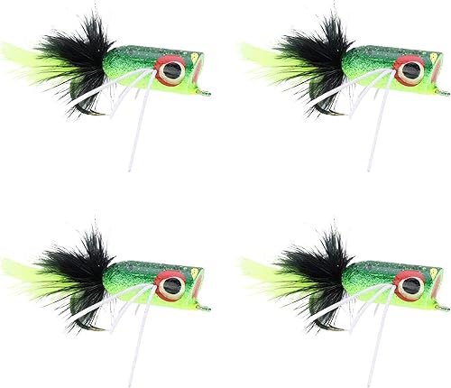 Vista 13 de Wild Water Popper de lubina para pesca con mosca, cantidad de 4 moscas de lubina, señuelo Topwater tamaño 1/0 y tamaño 2 Chartreuse y Negro