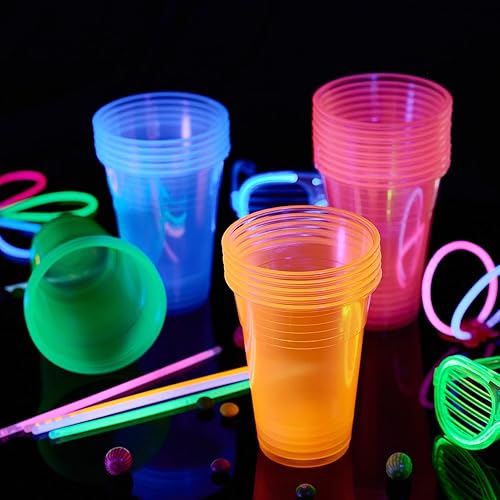 Miniatura 7 de Lilymicky 100 unidades de vasos de plástico de 16 onzas, vasos de fiesta de neón brillante, colores neón surtidos para fiestas, carnavales y
