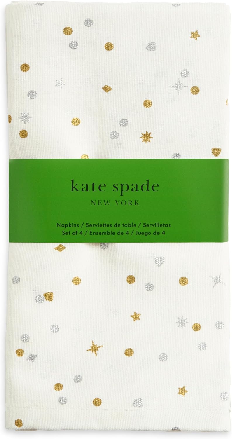 kate spade new york Celebration Confetti Dot Holiday Cloth Napkins 4-Pack Set, 100% Cotton with Metallic Print, Machine Washable, Ivory/Gold/Silver, 20"x20"
