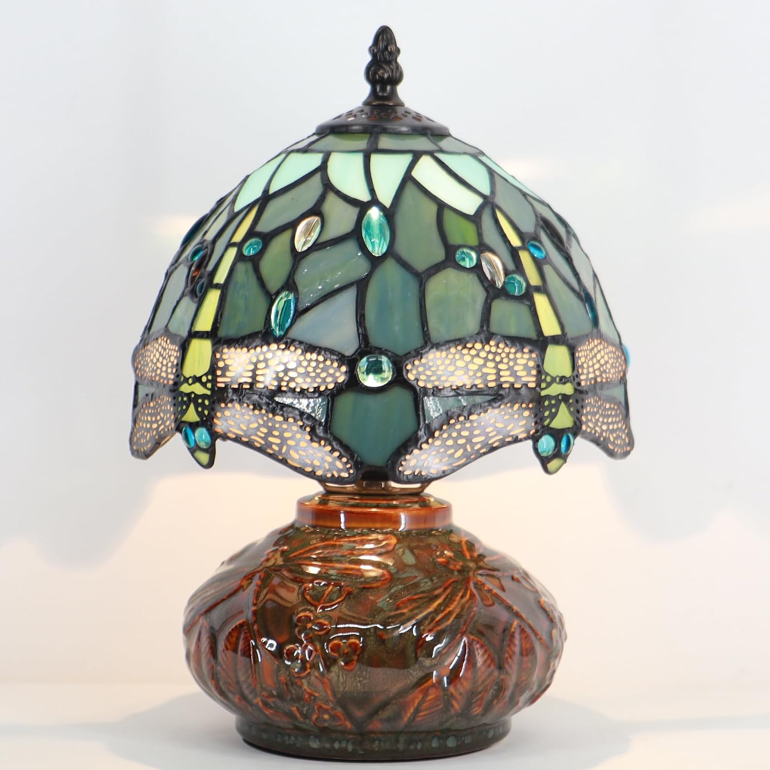 Small Stained Glass Table Lamp Mini Mushroom Stained Glass Lamp Memory Sympathy lamp 8X11 Inch (Sea Blue Dragonfly)