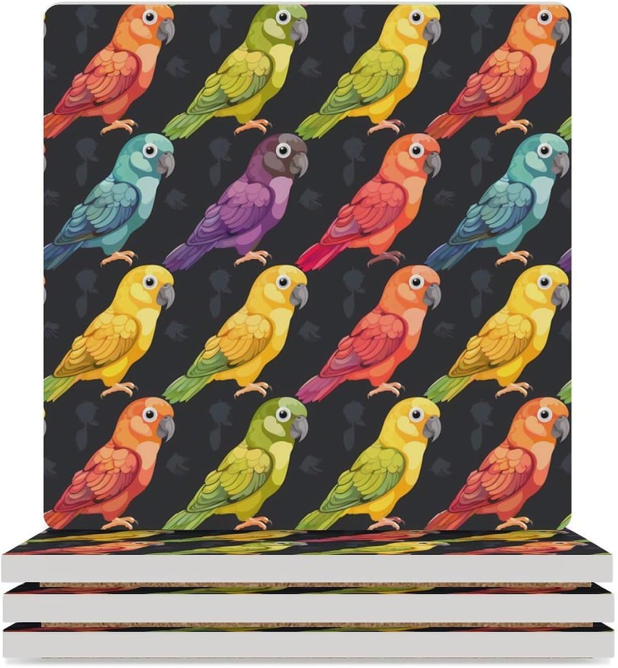 Conures Colorful Parrot Coaster for Drinks Square Ceramic Table Coasters Stone Mat Crafts 4PCS Home Kitchen Decor