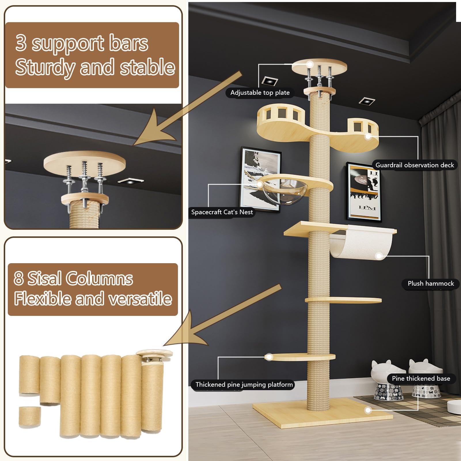 Árbol para gatos, torre moderna para gatos de suelo a techo, torre para gatos de altura ajustable con cuenco de hamaca, poste rascador de 6 niveles para gatos de interior, árbol de actividad