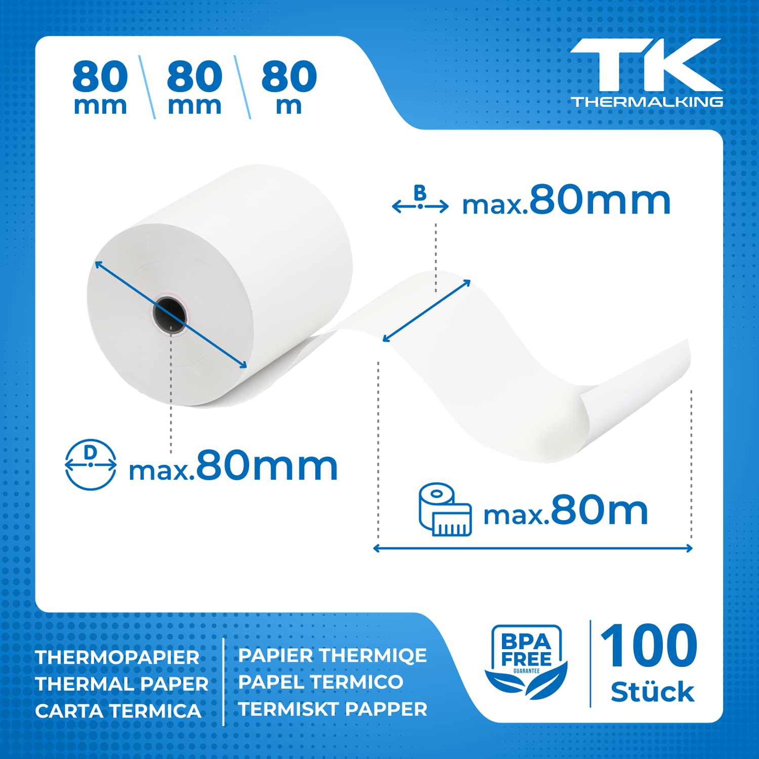 Rouleaux thermiques 80 mm x 80 m x 12 mm – Rouleaux de caisse – Rouleaux de caisse – Pour caisse enregistreuse – Imprimantes de bonbon – Papier thermique – Sans BPA (100 rouleaux)
