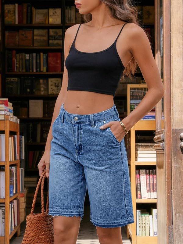 Tankaneo Women Baggy Bermuda Jean Shorts High Waisted Wide Leg Raw Hem Denim Shorts Summer Casual Y2k Jorts by Tankaneo - Used condition - Image 5
