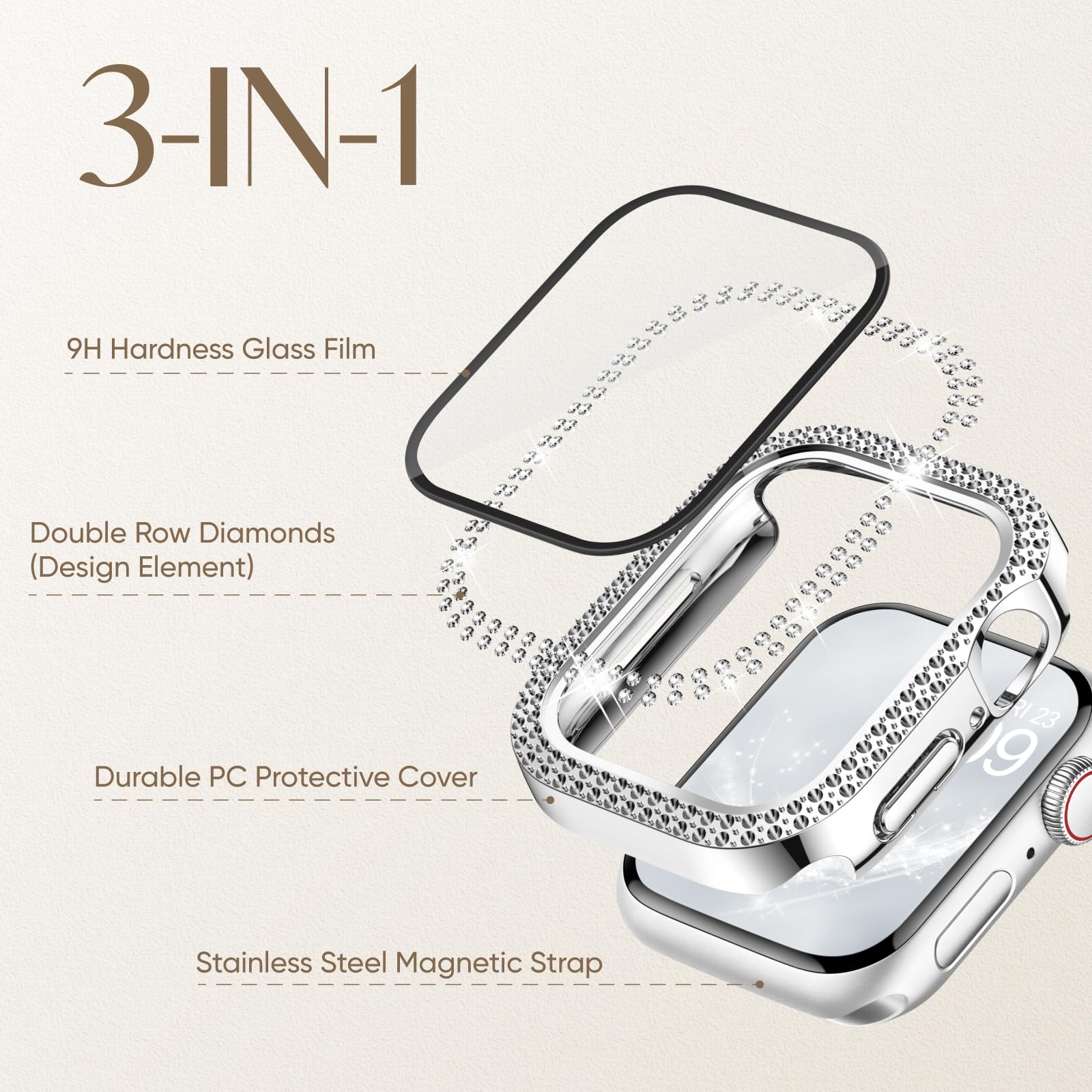 Compatible for Apple Watch Straps and Case Women, Magnetic Milanese Band and Double Row Diamond Screen Protector, Luxury & Versatile, Solve Boring Outfits, Eye-Catching for Work & Date — view 4