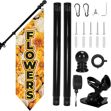 Farm Stand Flowers Flag with Pole Kit 42x12in Double Sided Heavy-Duty Canvas Outdoor Banner for Flower Market Stand, Shop Sign, Commercial Stall DecorYellow