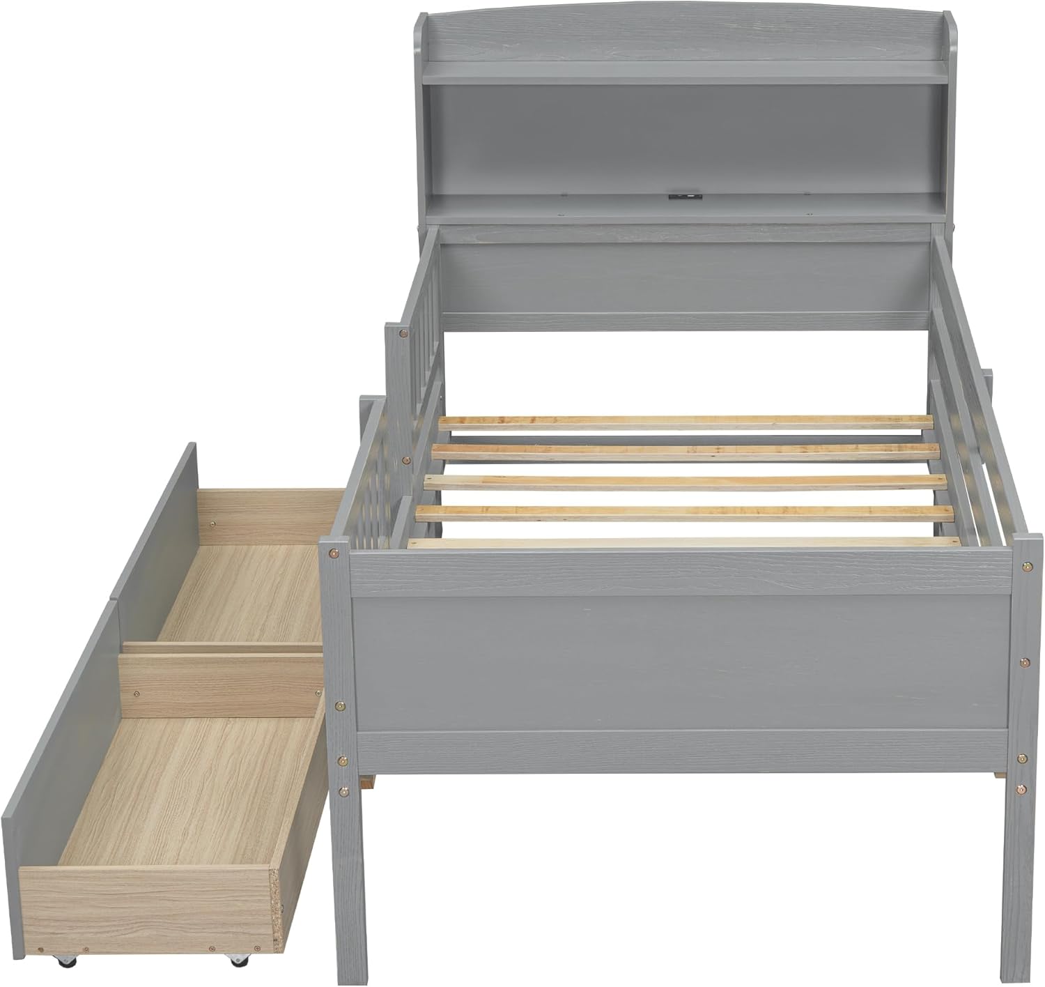 Bellemave Wood Twin Size Bed Frame with LED Lights, Modrn Platform Bed with Storage Headboard and Guardrail, Wood Platform Twin Bed Frame for Kids, Sturdy and Durable, No Box Spring Needed. (Gray)