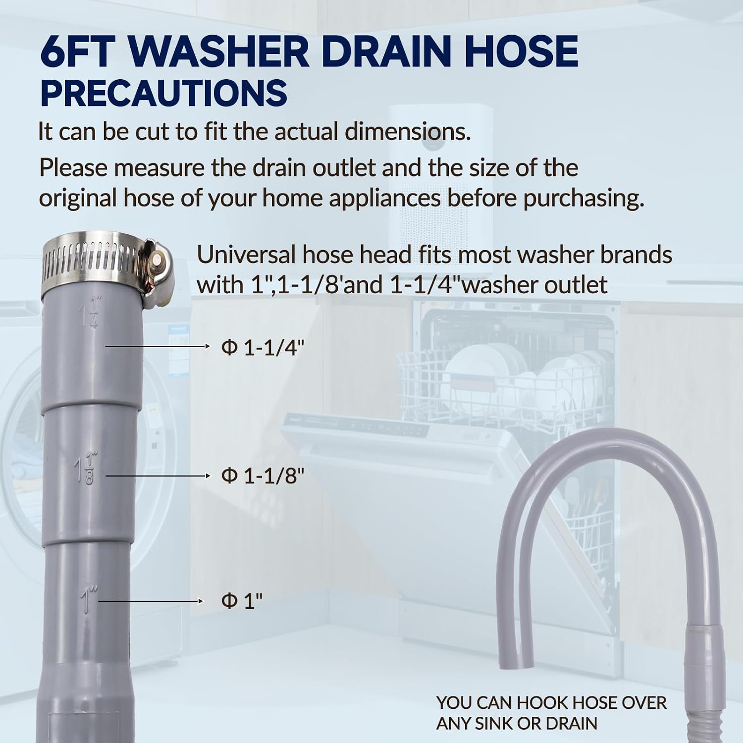 6FT Universal Washer Drain Hose, Leak-Proof & Cut-to-Fit PVC Hose, Compatible with Whirlpool, LG, Samsung Washing Machines/Dishwashers/Dryers