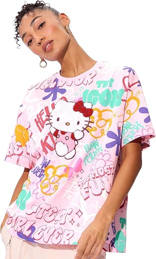 The Souled Store Hello Kitty: The Most Fun Women and Boys Short Sleeves Round Neck Multicolor All Over Printed Cotton Over...