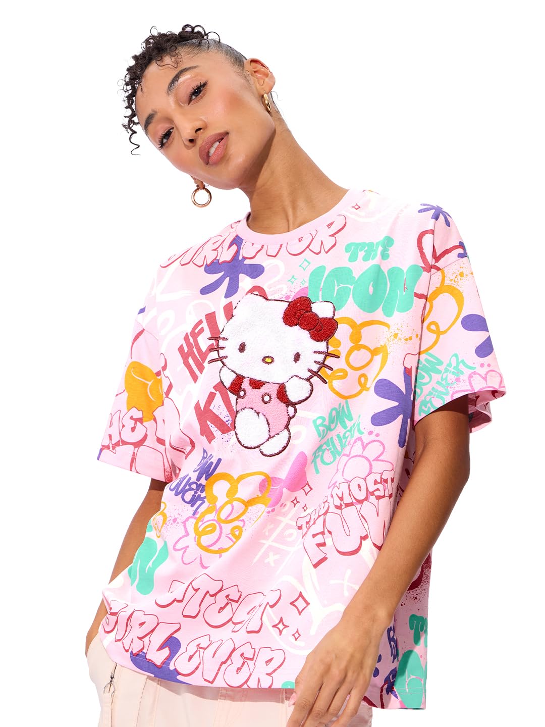 the souled store Hello Kitty: The Most Fun Women and Boys Short Sleeves Round Neck Multicolor All Over Printed Cotton Oversized T-Shirts-picture-36