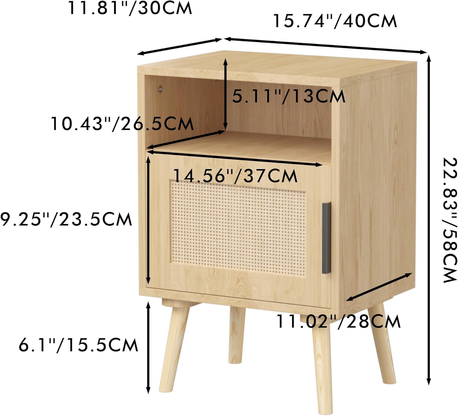 Night Stand, Rattan Wood Nightstand, Small Bedside Table with Open Shelf and Storage Cabinet, Mid Century Modern Nightstand for Kids and Adults, End Table for Living Room, Bedroom, Oak