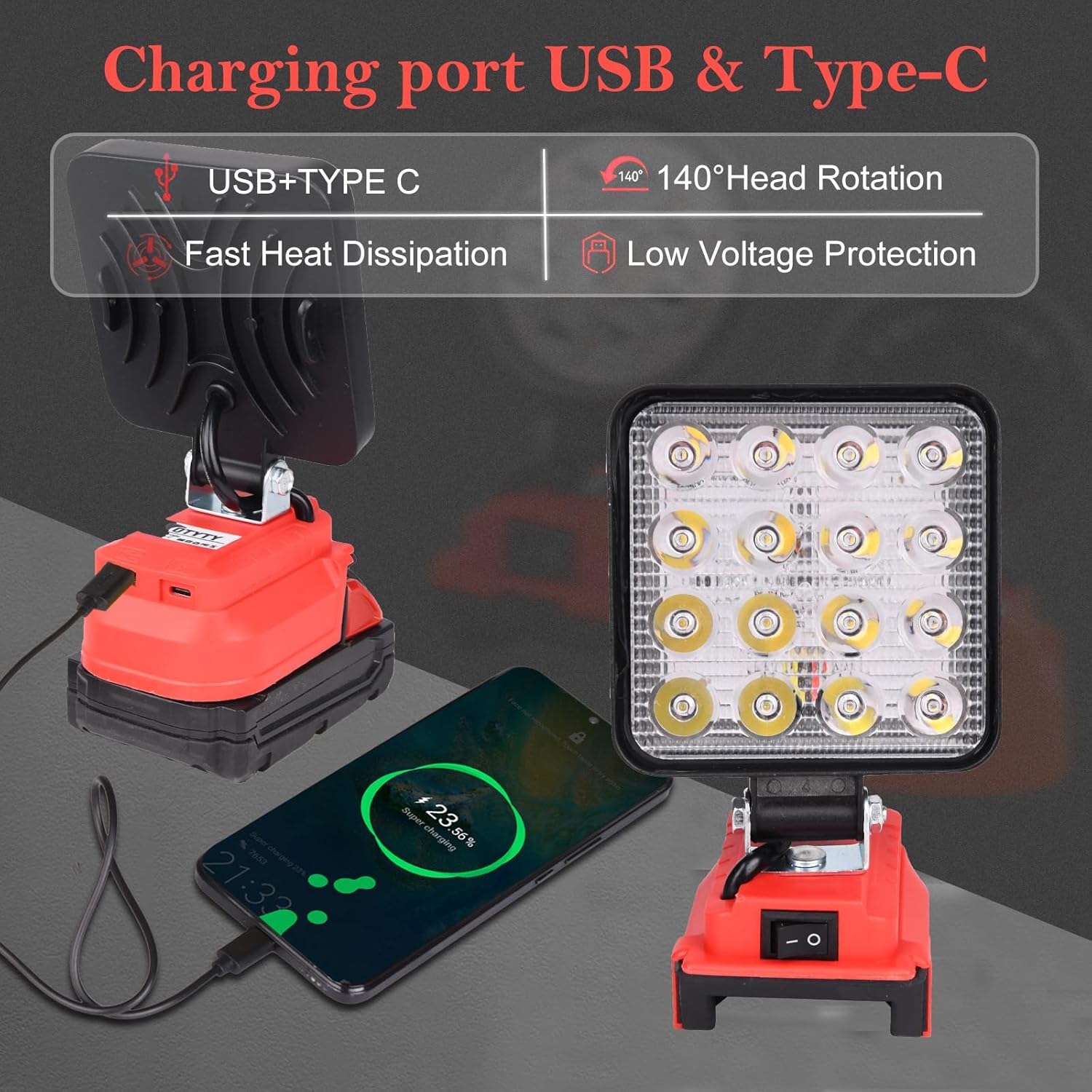 LED Work Light for Milwaukee m18 18v Battery - OTYTY 48W 4800LM Cordless Flood Light Portable Flashlight with USB & Type-C Charging Port 2 Pack