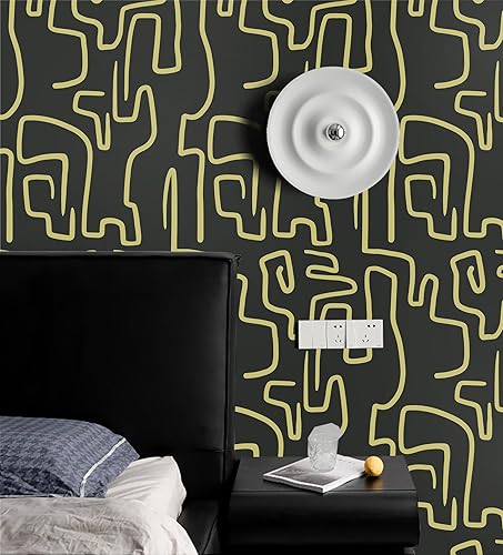 Miniatura 2 de Ismoon Papel tapiz único de 16.1 x 118 pulgadas, color negro y amarillo, papel tapiz de garabatos, papel de contacto abstracto moderno, papel tapiz