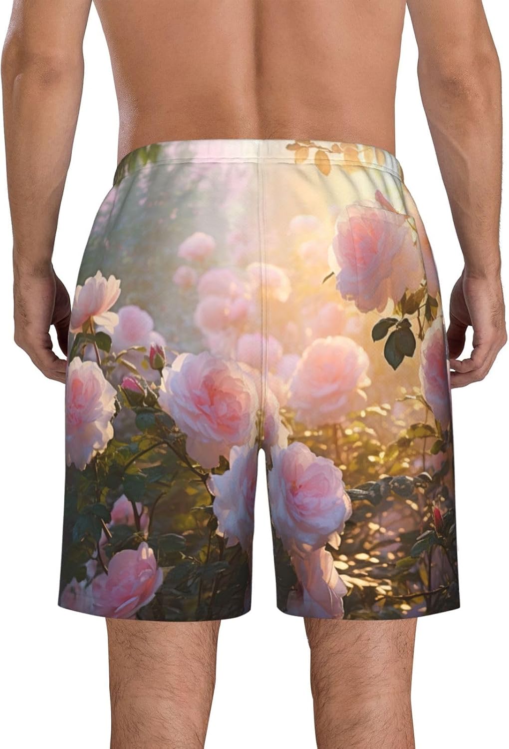 Mens Rose Bushes Under Trees Print Beach Shorts,Casual Summer Shorts for Men,Quick Dry Polyester