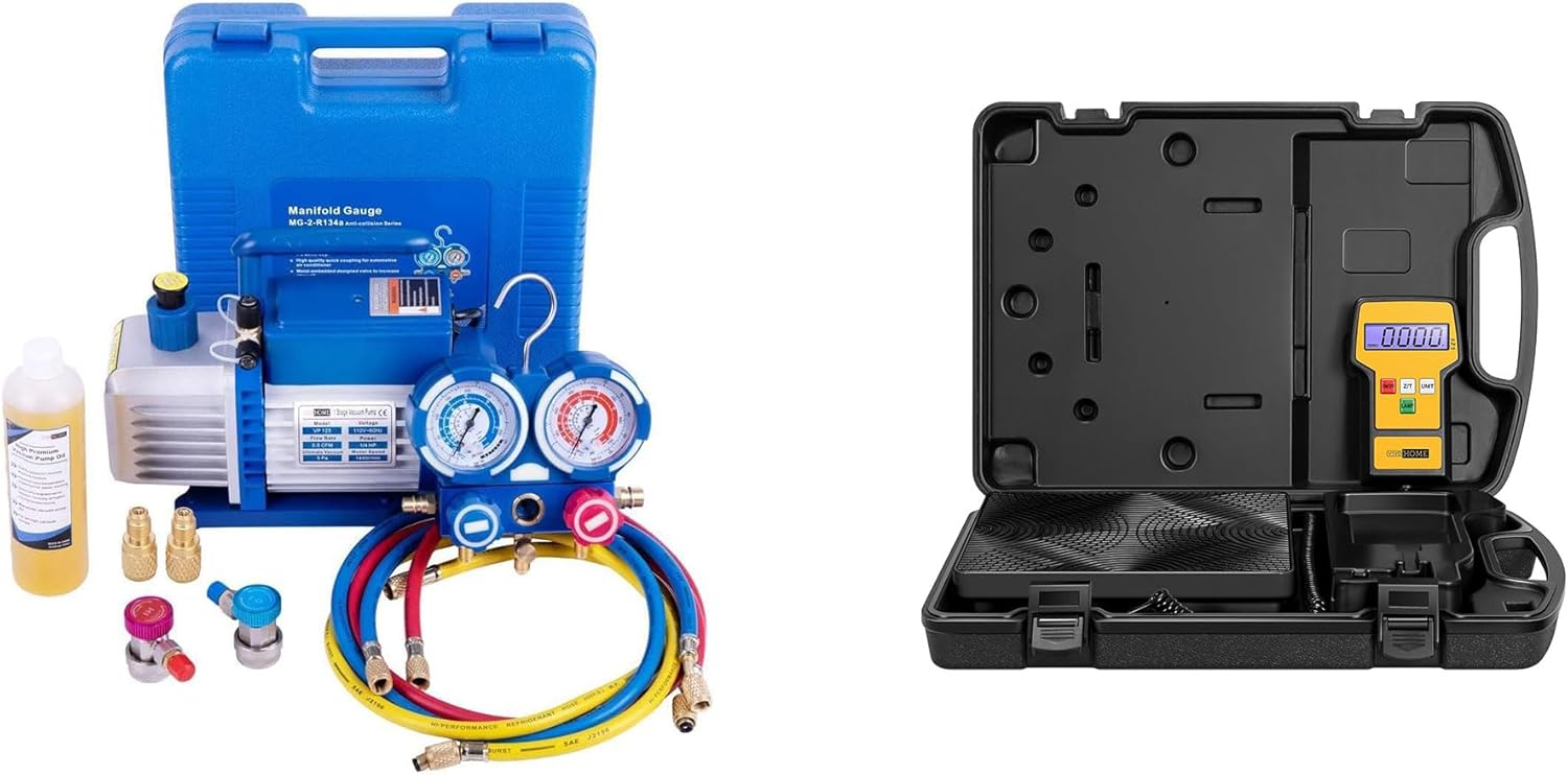 VIVOHOME 110V 1/4 HP 3.5 CFM Single Stage Rotary Vane Air Vacuum Pump Set with VIVOHOME 220 LBS High Precision Electronic Digital Refrigerant Charging Weight Scale
