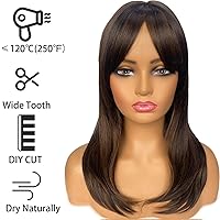 Vista 4 de Pelucas largas en capas para mujer, cabello mixto marrón con reflejos, pelucas con flequillo, longitud hasta el hombro, peluca sintética