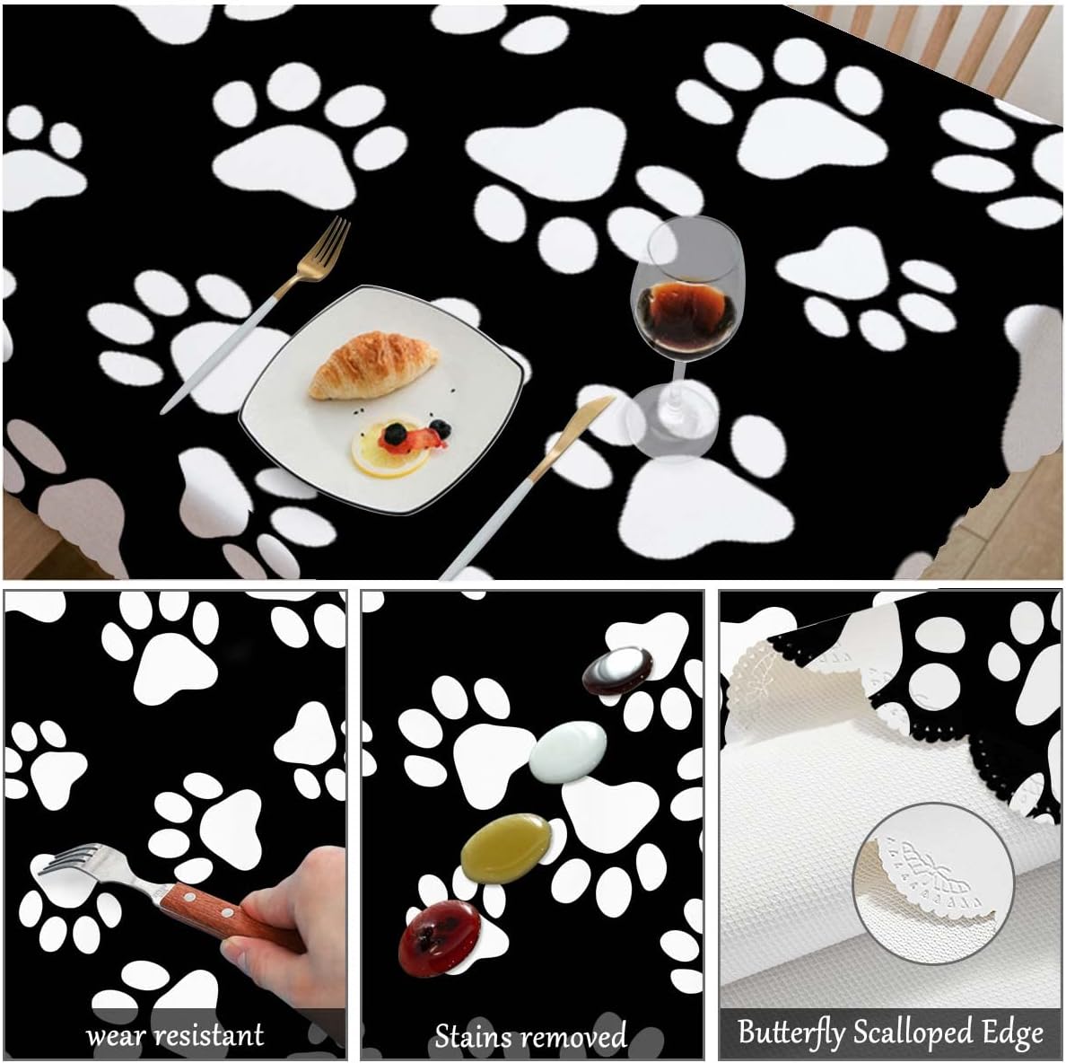 Swono Decorative Rectangle Table Cloth Dog Paw, Cat Footprint Dog Paw Prints Black White Polyester Tablecloth Kitchen Table Cover for Dining BBQ Picnic Coffee Table 50x72, 4-6 Seats
