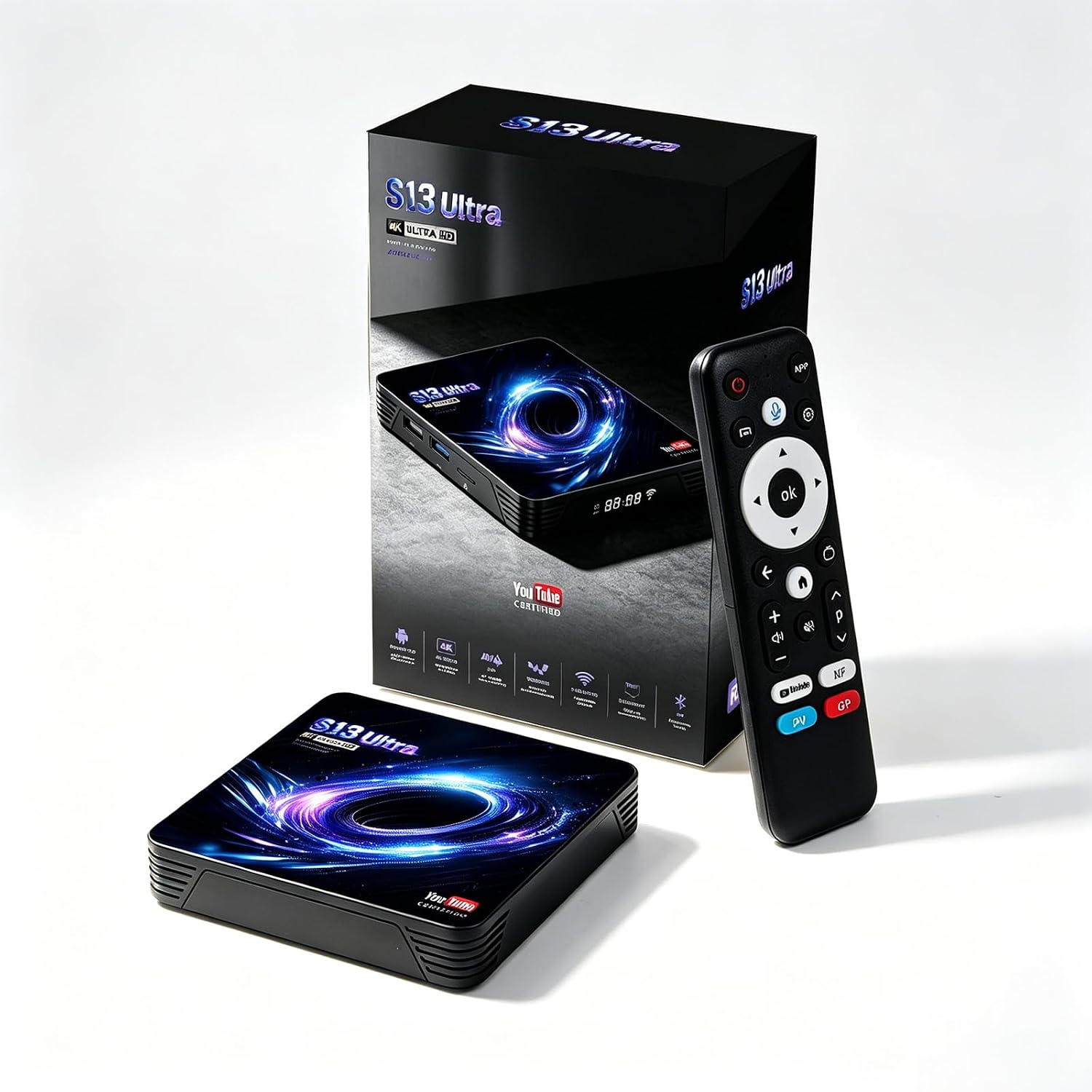 S13 Ultra 4K Android TV Box, YouTube Certified, Android 14, WiFi 6, AV1 | YouTube Certified ,RK3539 4GB+32GB,4K HDR10 AV1,WiFi 6 BT5.4 Voice Remote
