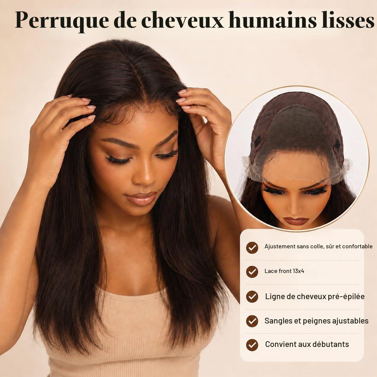 Perruque Lace Front HD 33x10 cm Lisse 45 cm, Brun foncé naturel