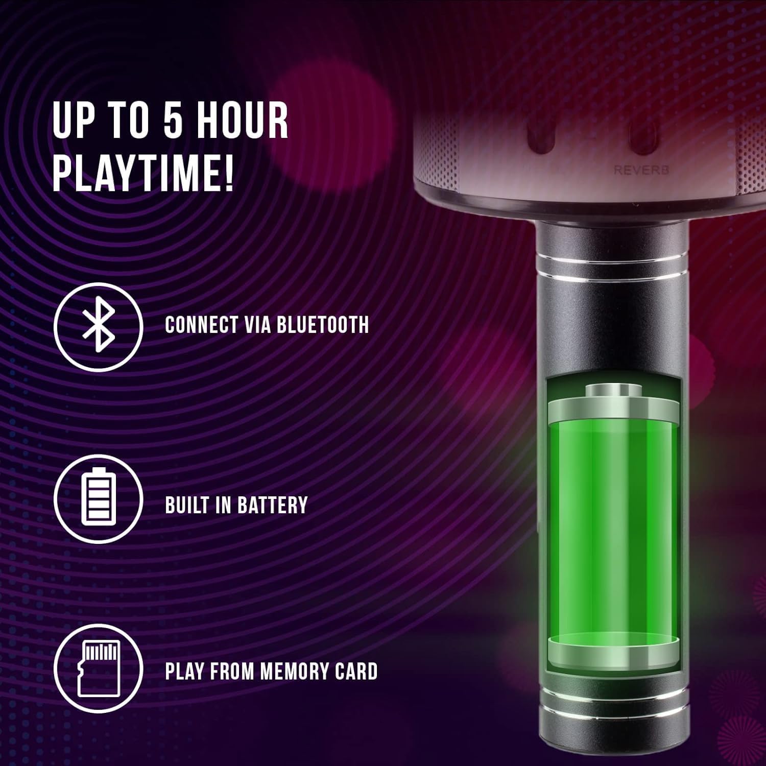 Diagram illustrating iJoy Wireless Karaoke Microphone features: Bluetooth connectivity, built-in battery, and memory card playback.