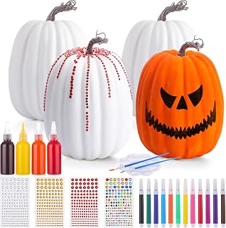 Hollowfly 4 Sets 9.1 Inch Large Halloween DIY Fall Pumpkin Painting Kits Jumbo Artificial Pumpkins Decorative Assorted White Fall Big Foam Pumpkins Craft Gifts Thanksgiving Party Holiday Decoration