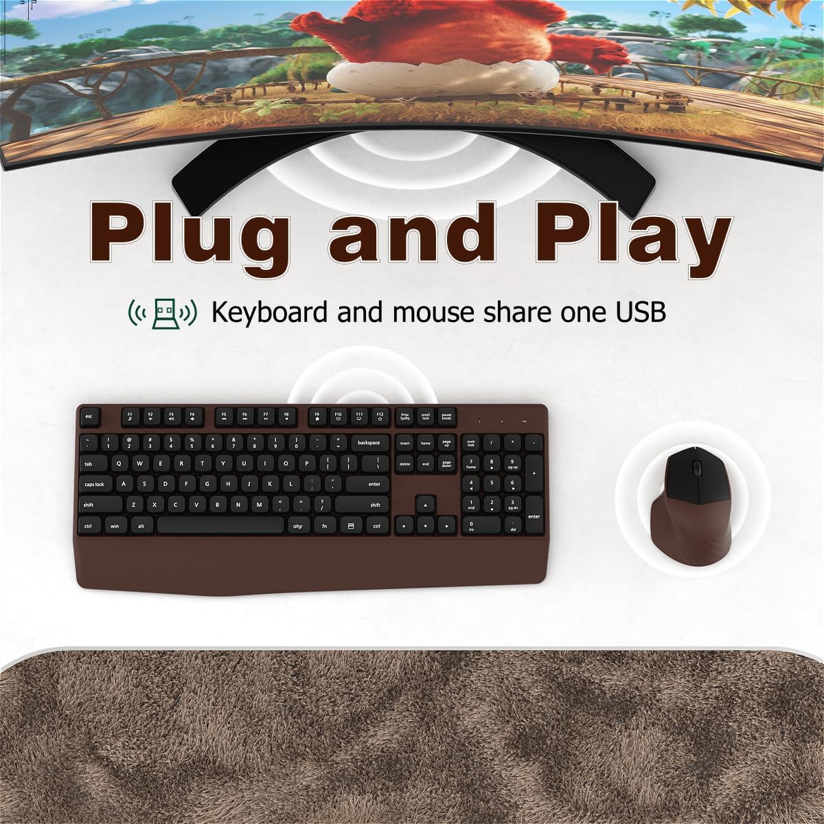 Wireless Keyboard and Mouse Combo, Ergonomic Keyboard with Wrist Rest, 2.4Ghz Wireless Connection, Compatible with PC/Laptop/Windows/Mac for Home and Office Use (Black Coffee)