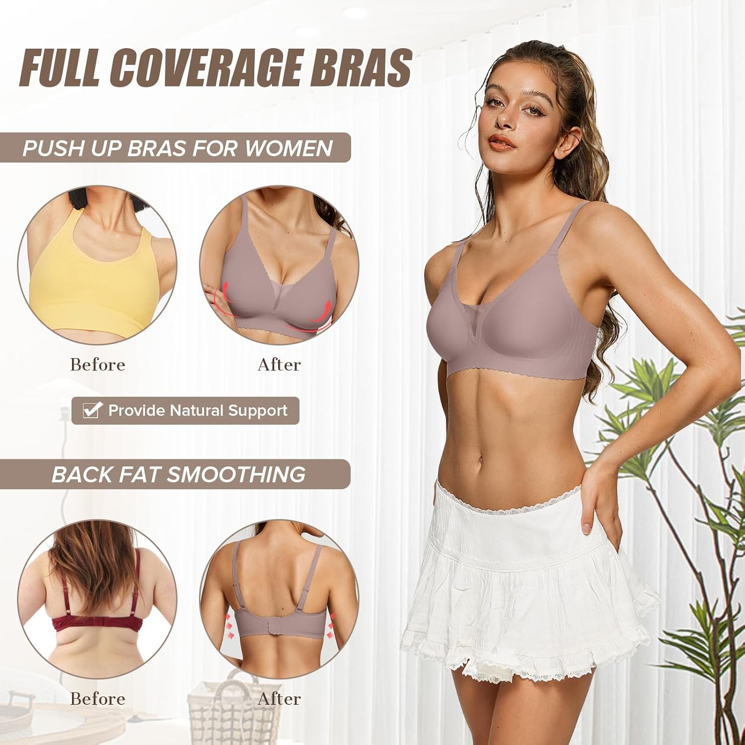 OEAK Womens Comfortable Bras Wireless Bras Push Up Bralettes Scalloped Mesh Bras Seamless Tshirts Bras Deep V Everyday Bras - Image 5