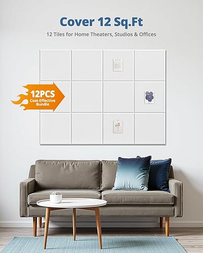 Miniatura 7 de Paneles de pared acústicos insonorizados, paquete de 12 paneles insonorizados de 12 x 12 x 0.4 pulgadas con autoadhesivo, azulejos cuadrados blancos