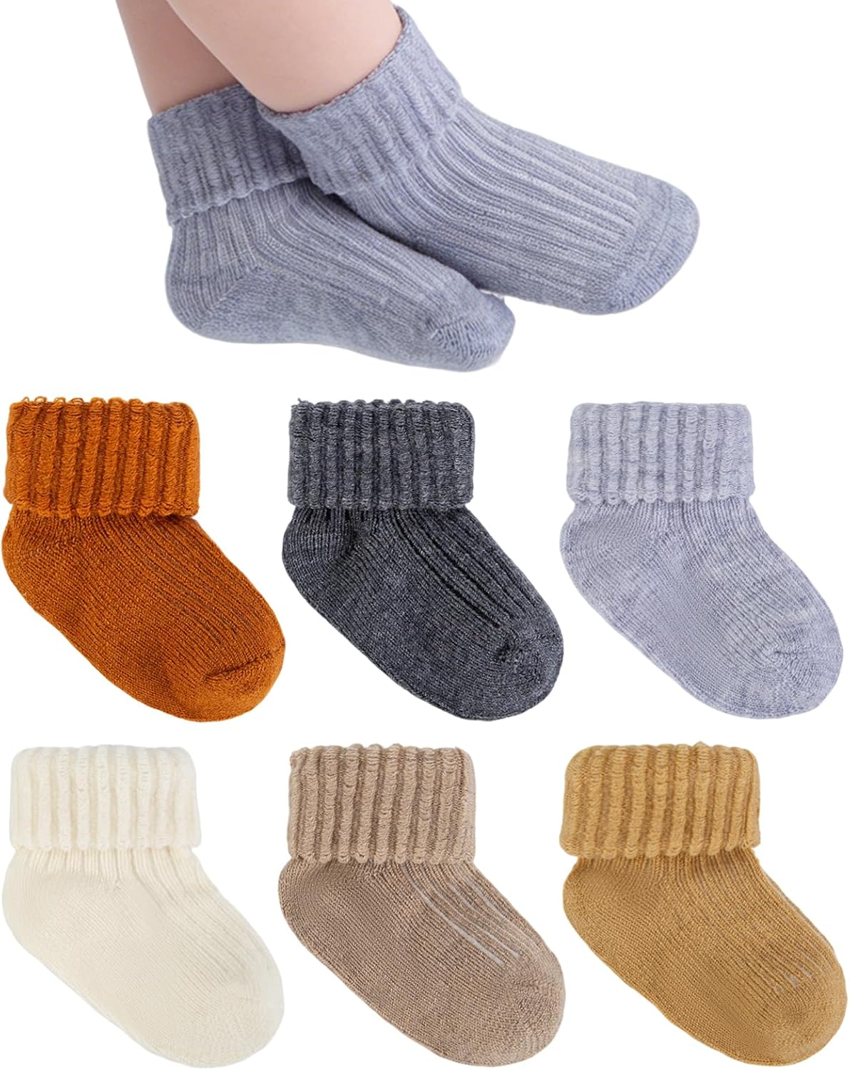 6 Pairs Baby Wool Socks Soft Winter Warm Thick Toddler Boys Girls Turn Cuff Thermal Crew Socks for Infant Little Kids