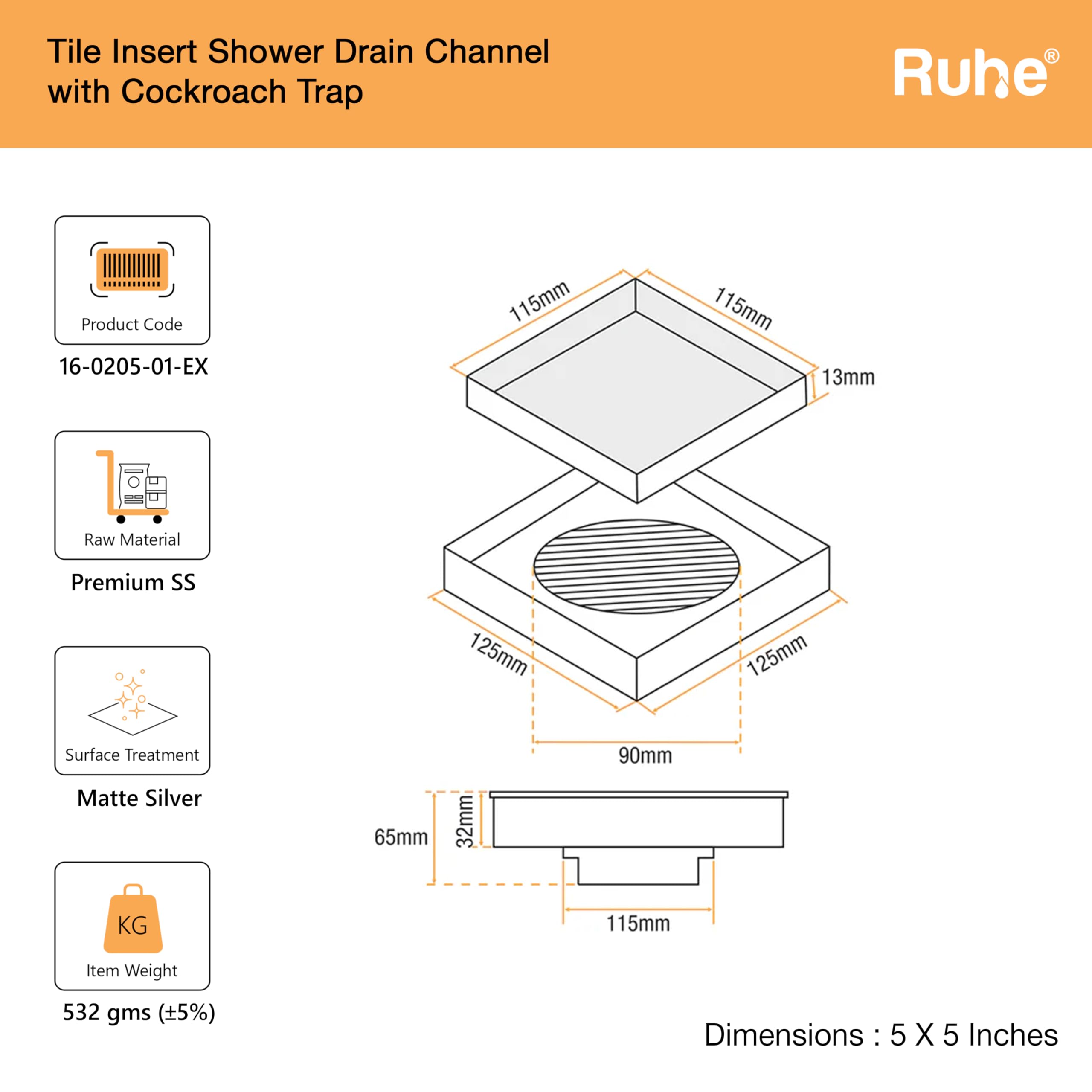 Ruhe® Tile Insert Floor Drain, Pack of 1 | 5 x 5 Inches | Premium Grade Stainless Steel Invisible Shower Drain Channel | Waste Water Floor Drain for 13mm Tile with Cockroach Trap