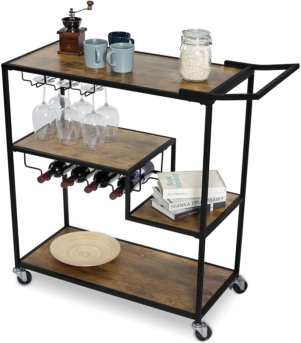 INDIAN DECOR. XL6500 Bar Serving Cart-Industrial Kitchen Cart with Wheels - Portable Rolling Serving Trolley - Bar Cart with Wine Rack for Home - 4 Tier Storage Shelves - Rustic Brown