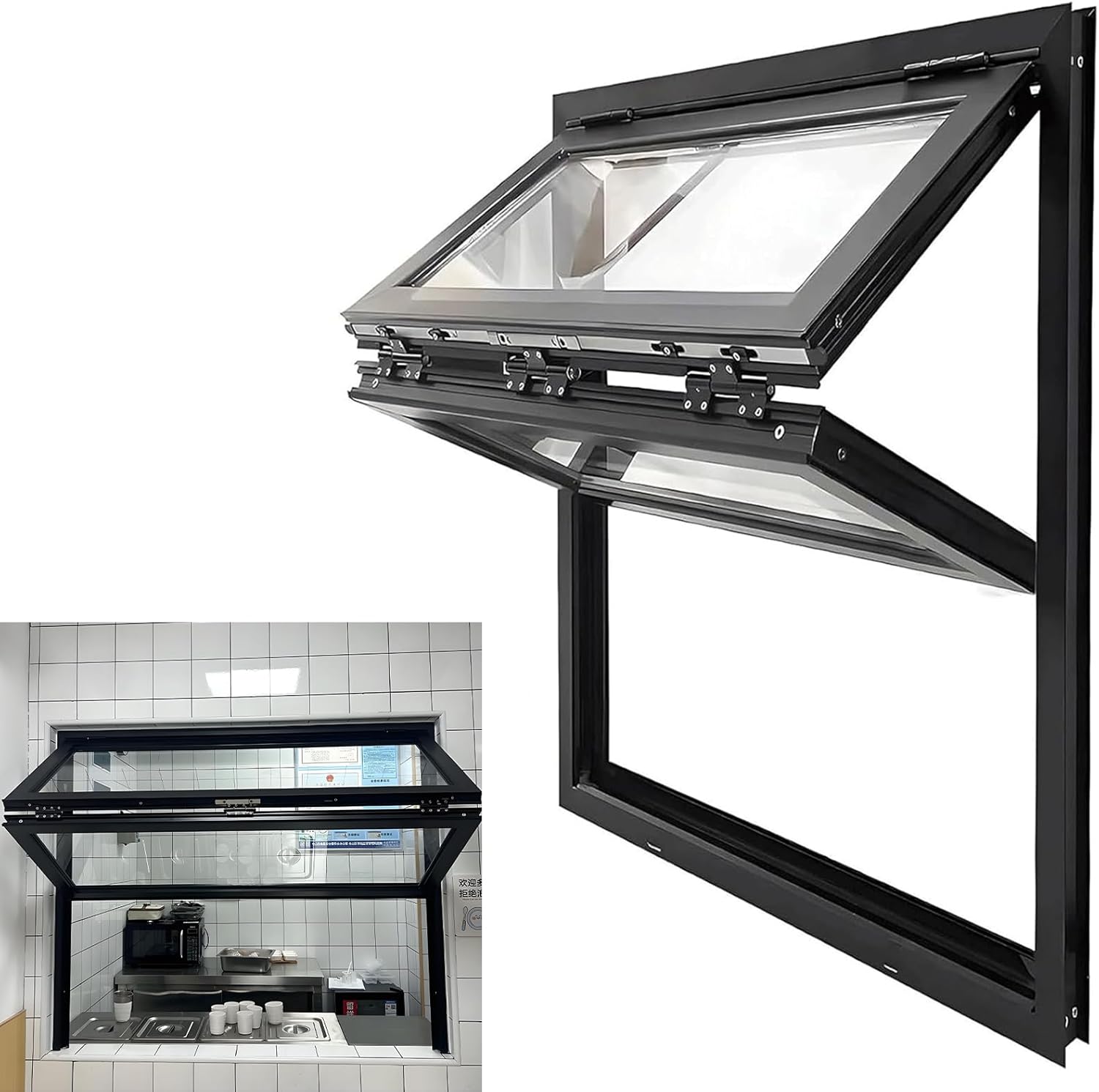 Black Folding Concession Service Window 24x28in, Household Aluminum Ventilation Window with Locking Handle, Flush Mount Playhouse Window Replacement for Loft Bathroom Basement