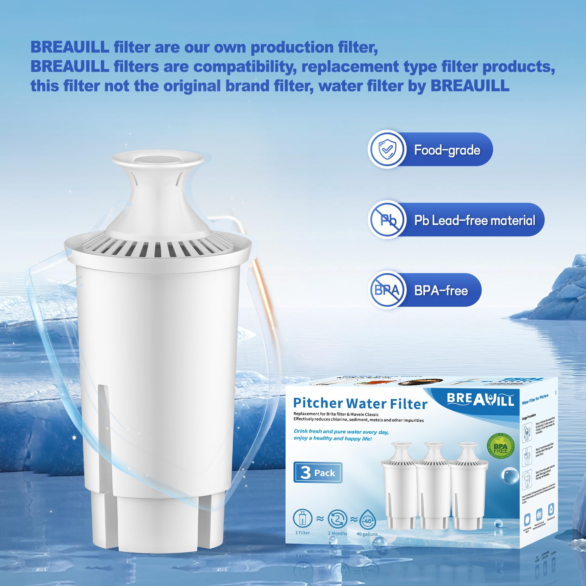 BREAUILL Wymienne filtry do wody, 3 szt. certyfikowanego dzbanka filtra wody do dzbanków Brita®, zamiennik wkładu filtra do wody Brita® Classic 35557, OB03, Mavea® 107007