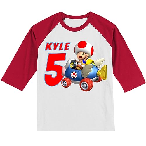 Personalized Toad Birthday Shirt  Mario Kart  Super Mario  Handmade Decorated Shirt  Personalized with Name and Age  Unisex 34 Sleeve Raglan T-Shirt