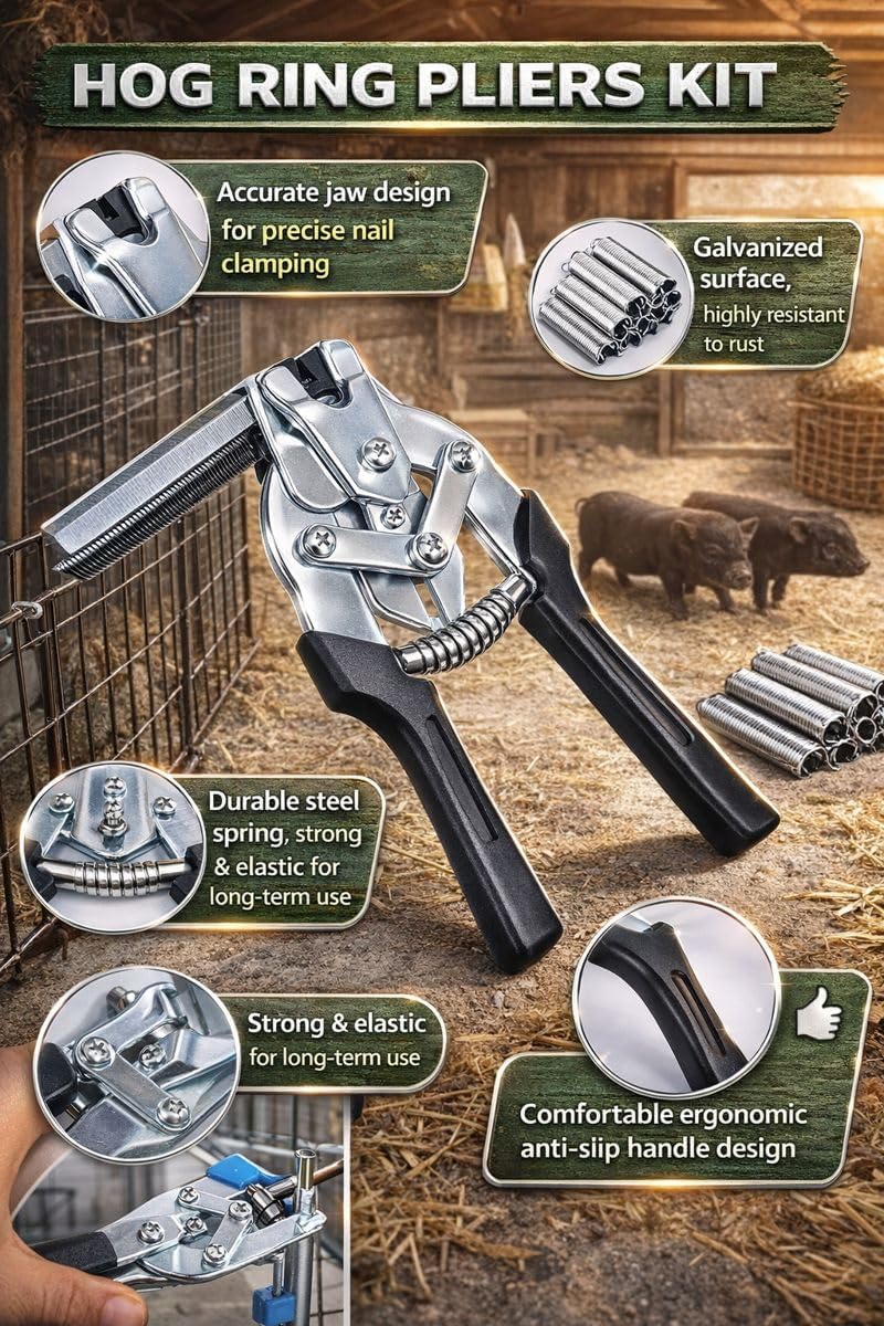 Hog Ring Pliers Kit with 600 Galvanized Hog Rings – Heavy Duty Cage Clamp Tool for Chicken Coops, Fencing, Upholstery, Car Seats & Wire Mesh Repair-Yellow Hog Kit-yellow