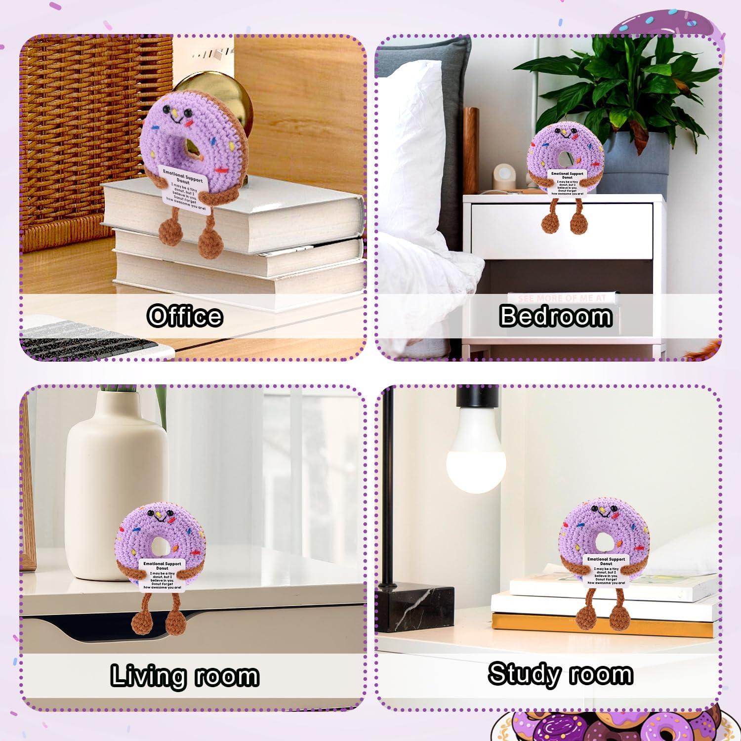 TOYMIS Crochet Donut, Cute Purple Long Legs Positive Knitted Donut Doll with Emotional Inspirational Card Handmade Positive Affirmation Crochet Toy Gift for Women Men