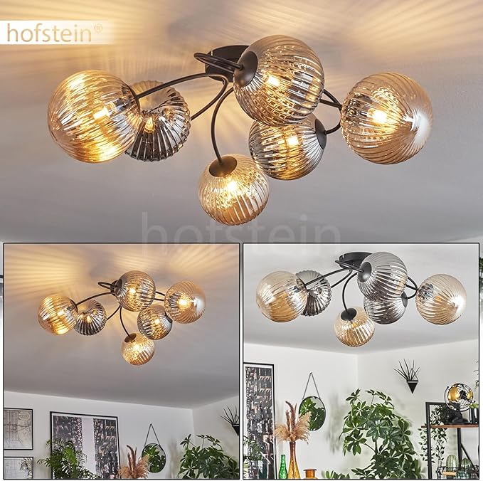 hofstein Plafondlamp Chehalis, plafondlamp van metaal/glas in zwart/rookkleuren/barnsteenkleuren in ribbel-look, lamp in retro/vintage design met kap van glas (Ø 15 cm), 6 x G9 LED, zonder lamp photo 2