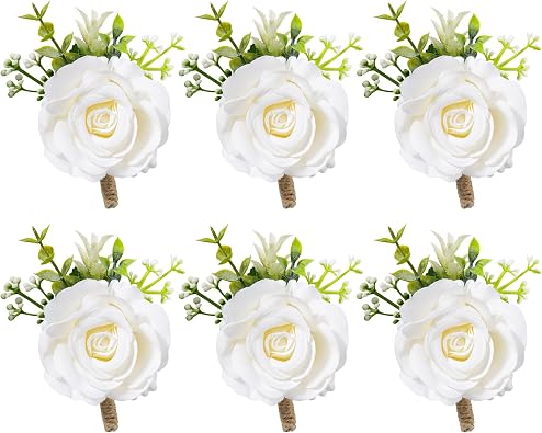 6 Pack Boutonniere for Men Groomsmen, Real Touch Artificial Flower Wedding Boutonnieres with Silver Pins - Prom, Anniversary, Birthday Party Lapel Corsage for Suit Jacket Blazer White Rose