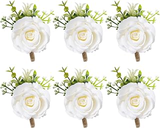6 Pack Boutonniere for Men - Premium Silk Rose Lapel Pins for Wedding Groomsmen, Business Suits & Funerals - Real Touch Corsage with Secure Clutch Pins- Gifts for Him (White)